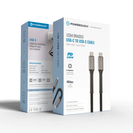 Powerology Thunderbolt Braided USB4 C To C Charging Cable with 240W 40Gbps & 8k HDTV 2M